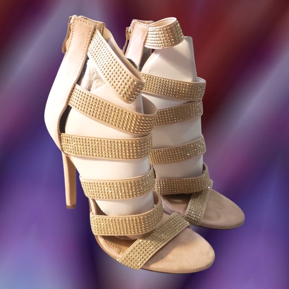 Sexy 5" Strappy Stilletos By Liliana, Worn Once, Buff w/Metalic Bead Accent, 6.5 - Picture 1 of 14